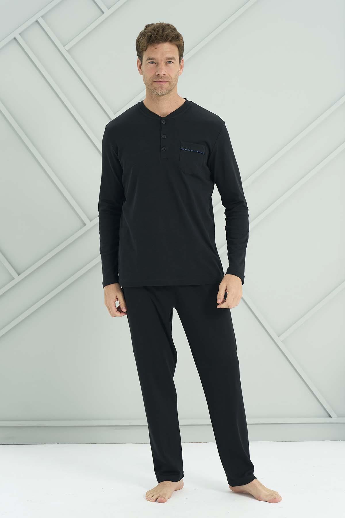 Erkek Penye Uzun Kol Pijama Takımı 2207 Siyah02