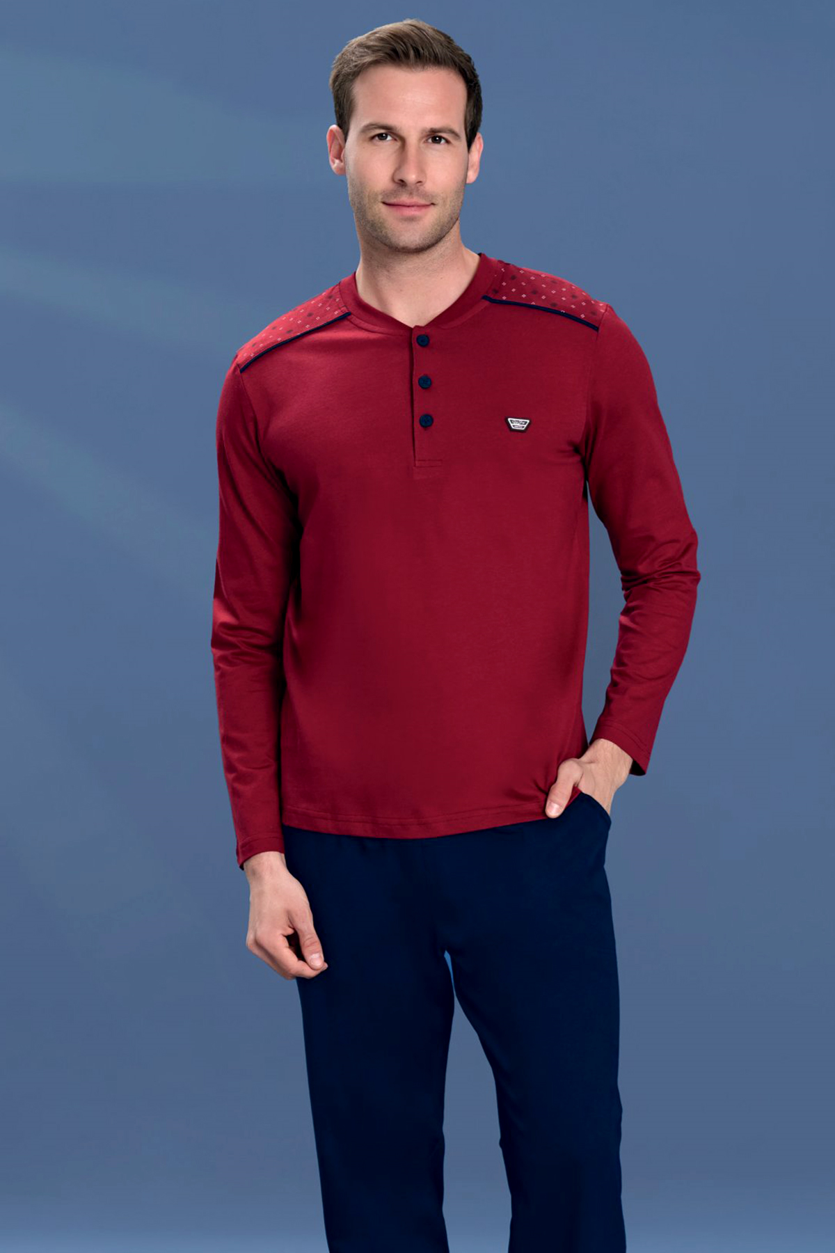 Erkek Penye Yarım Düğme Detay Uzun Kol Pijama Takımı 2158 Bordo03