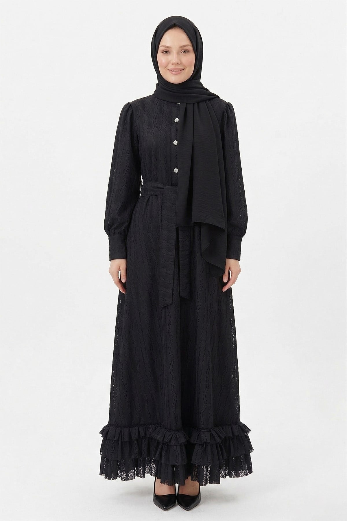 Eteği Fırfır Detay Elbise 13261 Siyah