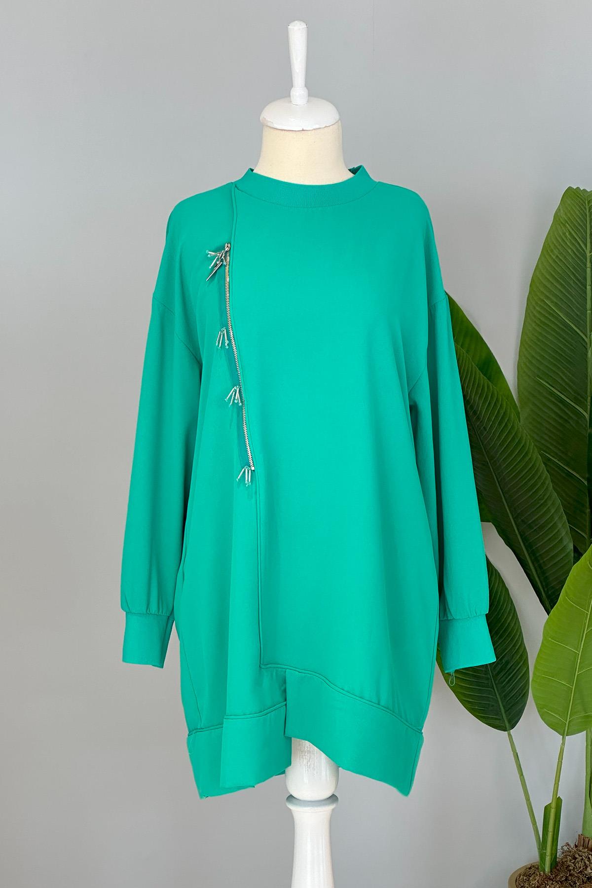 Fermuar Detay Basic Tunik Sweat 10431 Yeşil