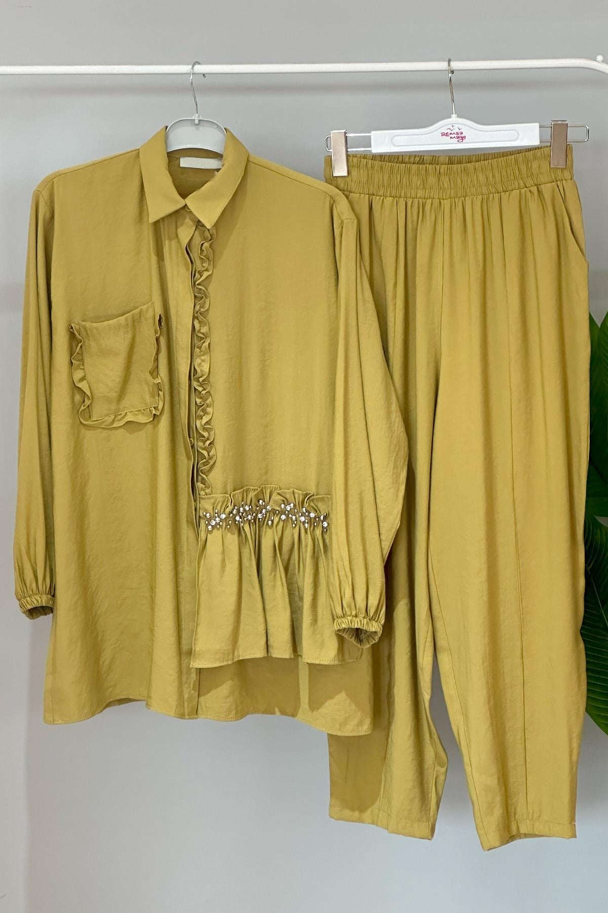 Fırfır Detaylı Taşlı Pantolonlu Takım 951 Fıstık Yeşili