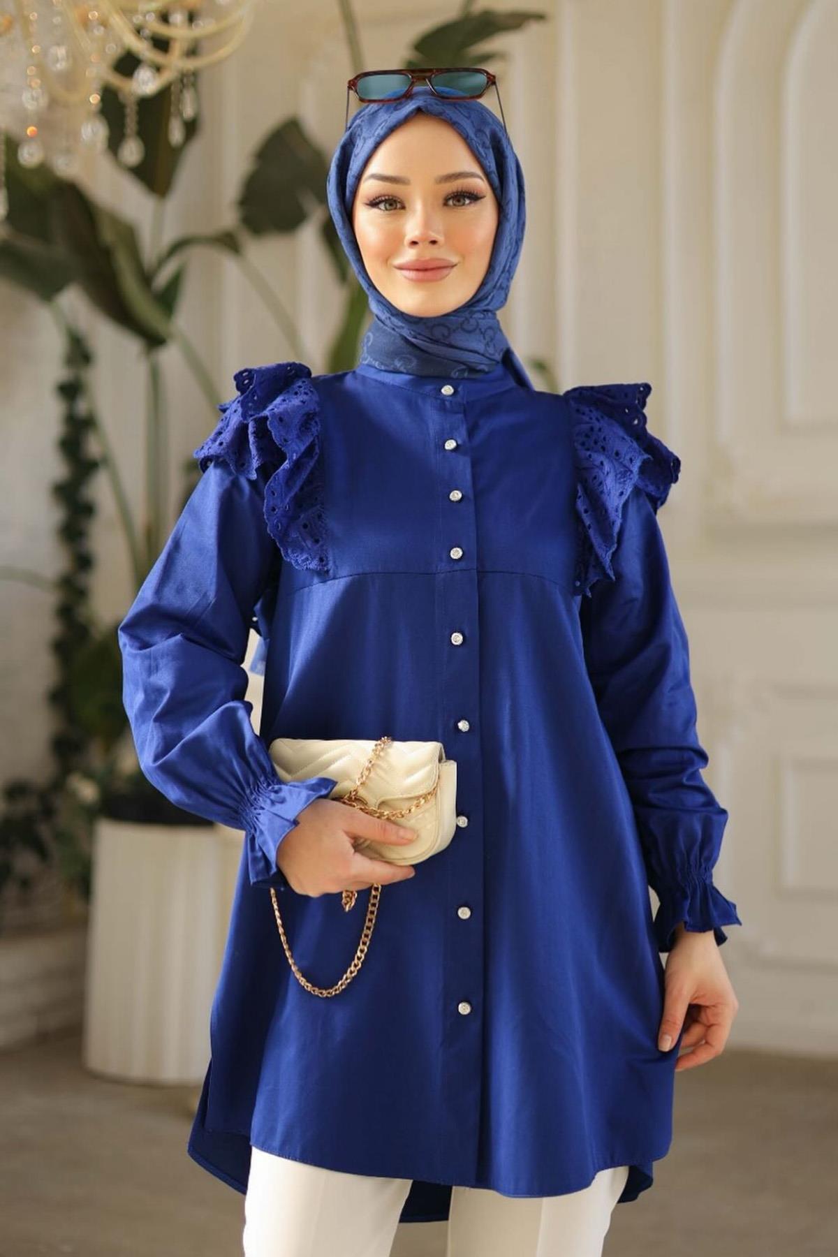 Fisto Fırfır Detaylı Pamuk Saten Tunik Gömlek 4114 Sahra Saks