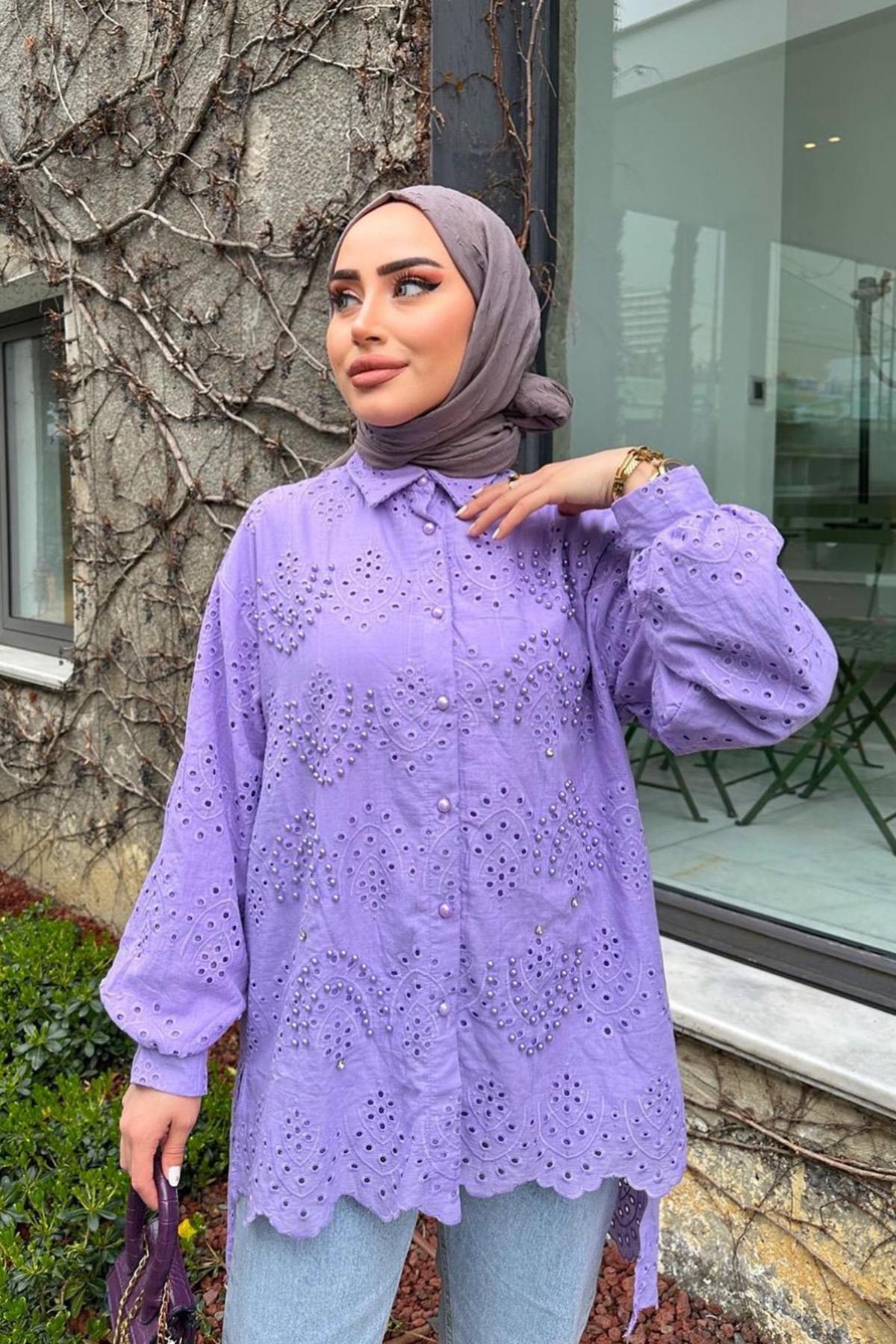 Fisto Tunik İnci Taş Detaylı Gömlek 1351 Lila