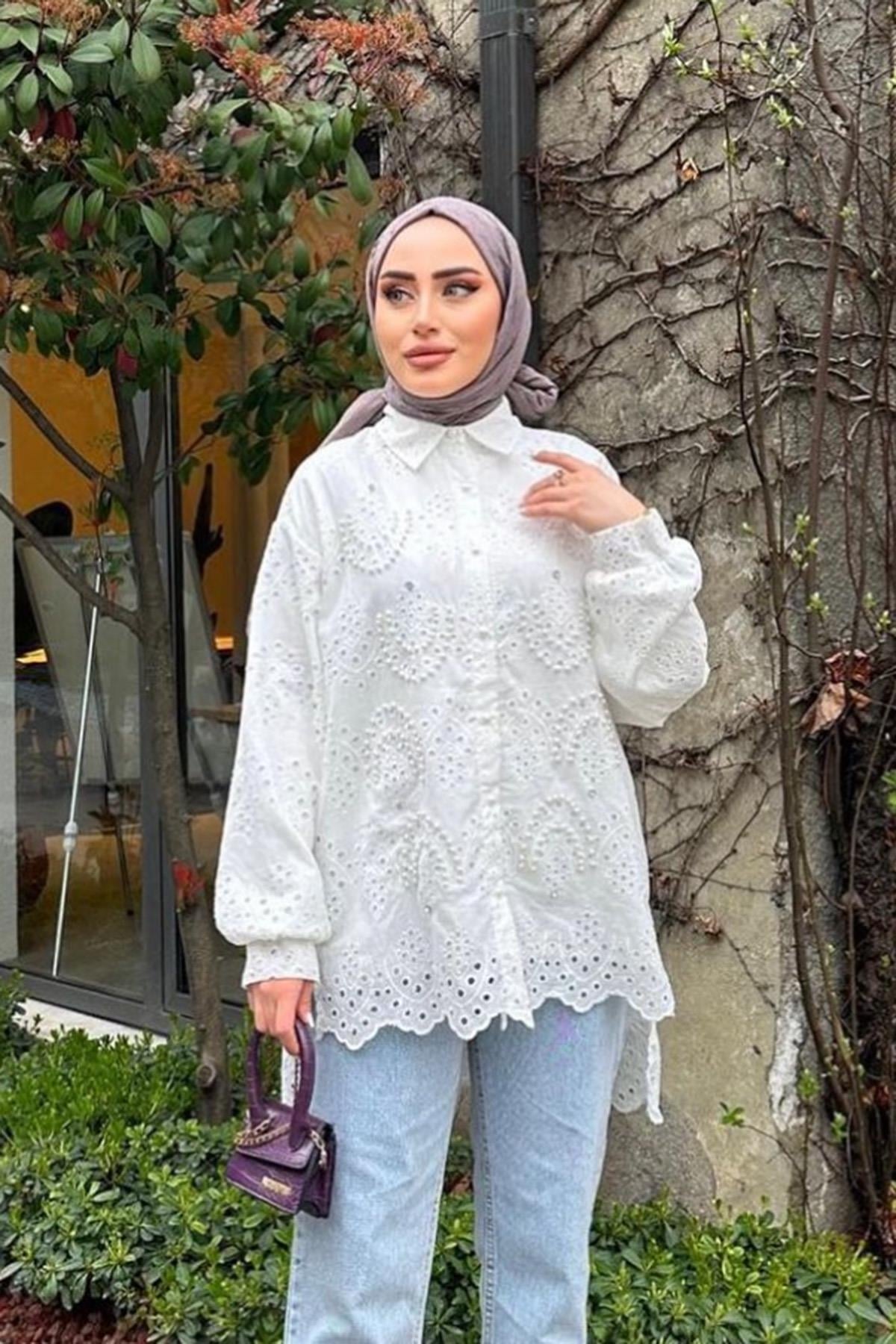 Fisto Tunik İnci Taş Detaylı Gömlek 1351 Ekru
