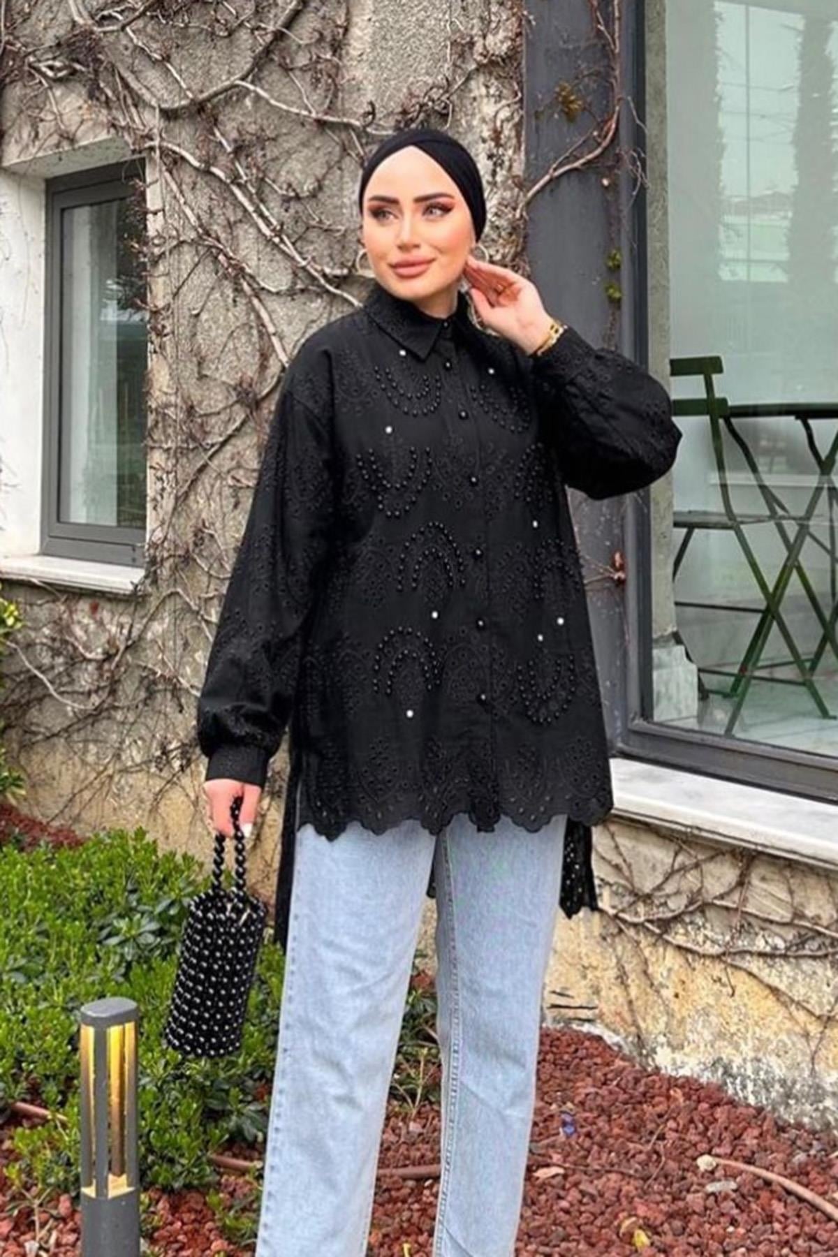 Fisto Tunik İnci Taş Detaylı Gömlek 1351 Siyah