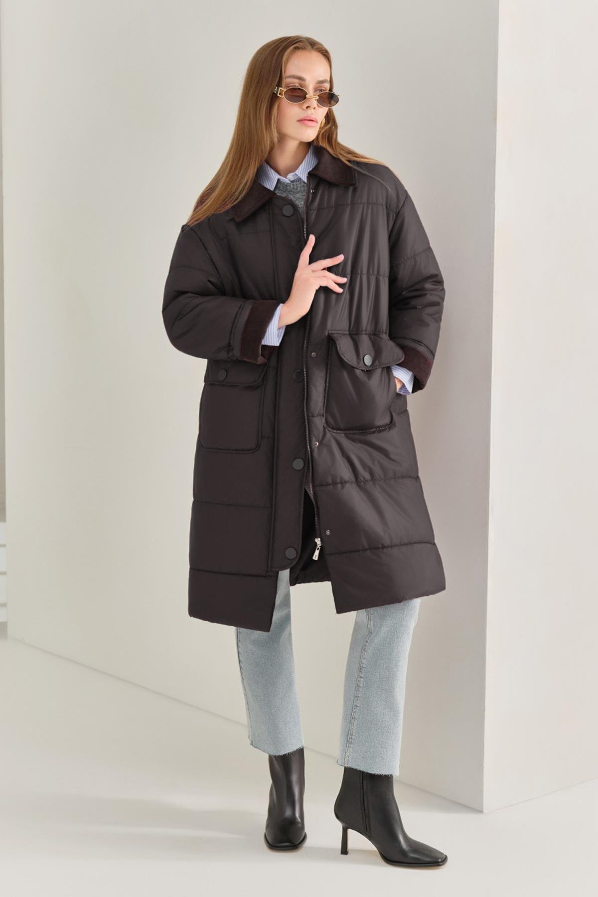 Fitilli Kadife Garnili Uzun Şişme Mont 35691 Siyah