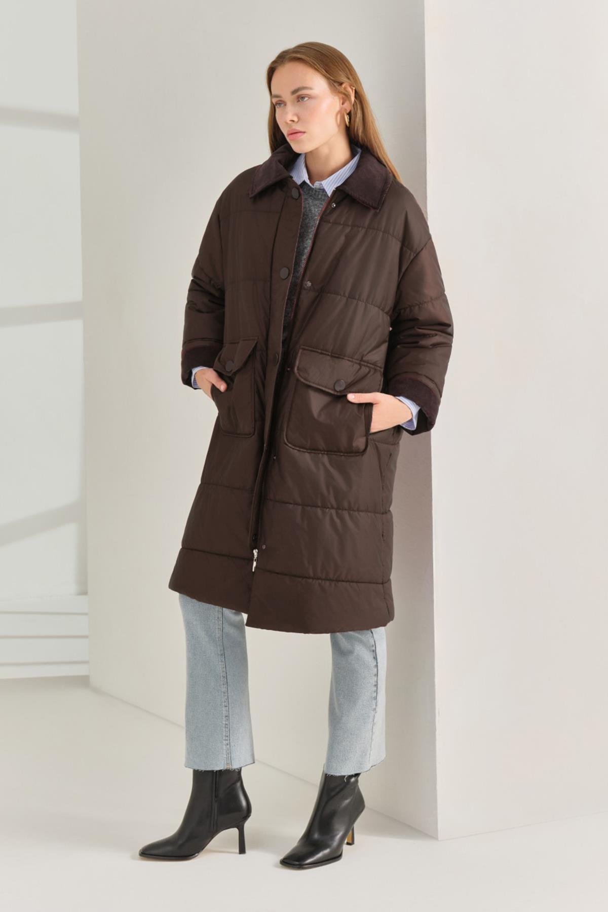 Fitilli Kadife Garnili Uzun Şişme Mont 35691 Kahverengi