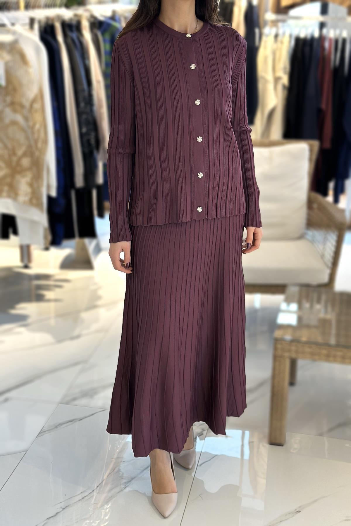 Fitilli Triko Düğme Detaylı Etekli Takım 35039 Bordo