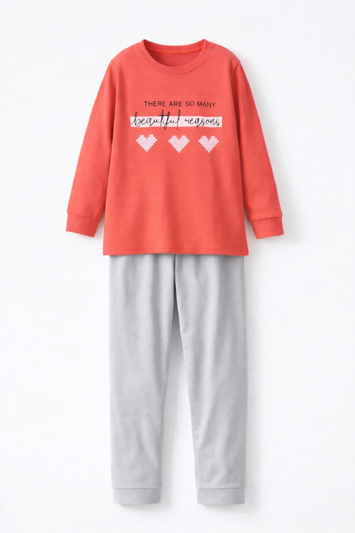 Genç Kız Çocuk Pamuklu Desenli Pijama Takımı 8412 Mercan02