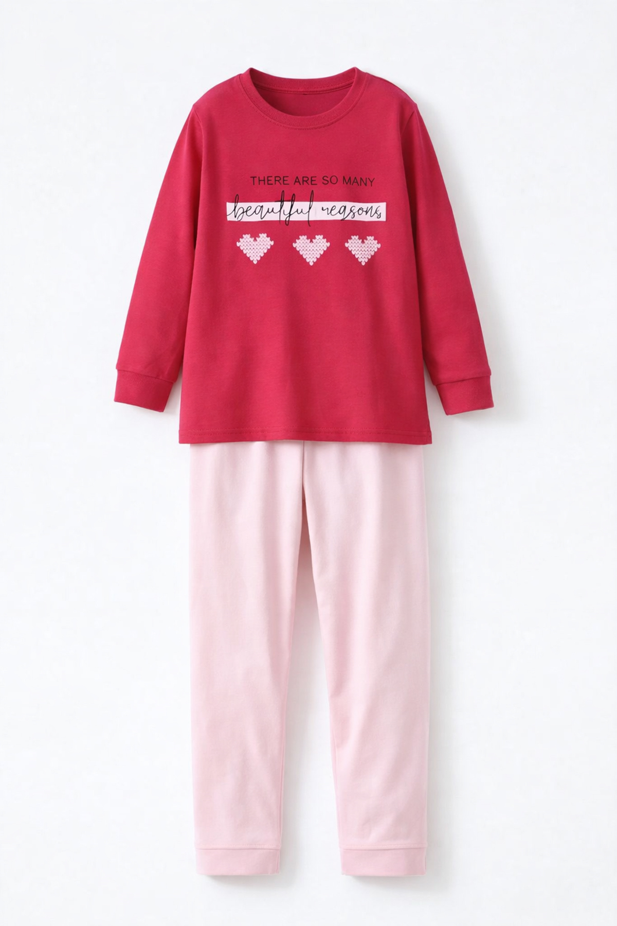 Genç Kız Çocuk Pamuklu Desenli Pijama Takımı 8412 Fuşya02