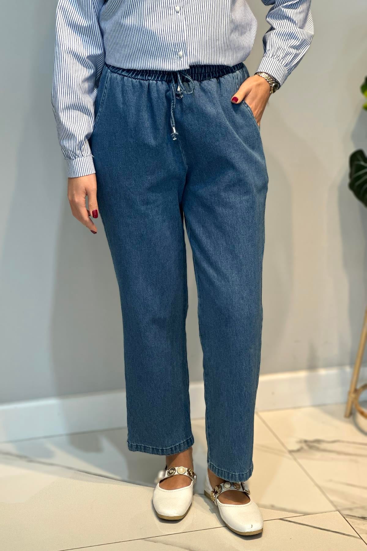 Kadın Beli Lastikli Jean Pantolon 16182 Mavi
