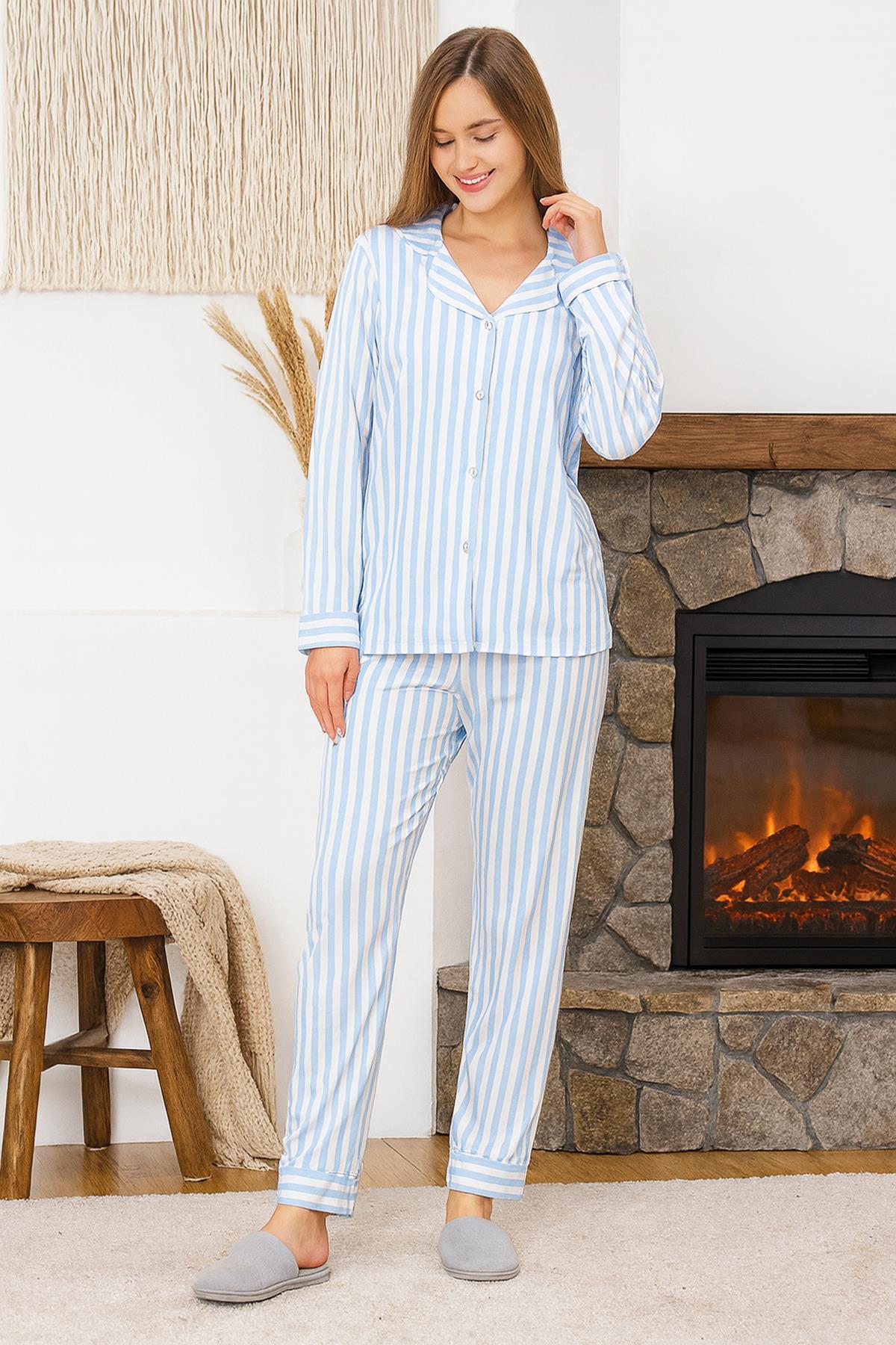 Kadın Çizgili Desen Suprem Pijama Takımı 0492 Mavi01