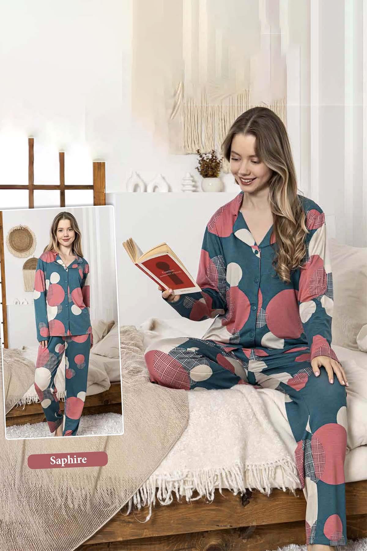Kadın Daire Desen Düğmeli Saphire Pijama Takımı 0390 Petrol