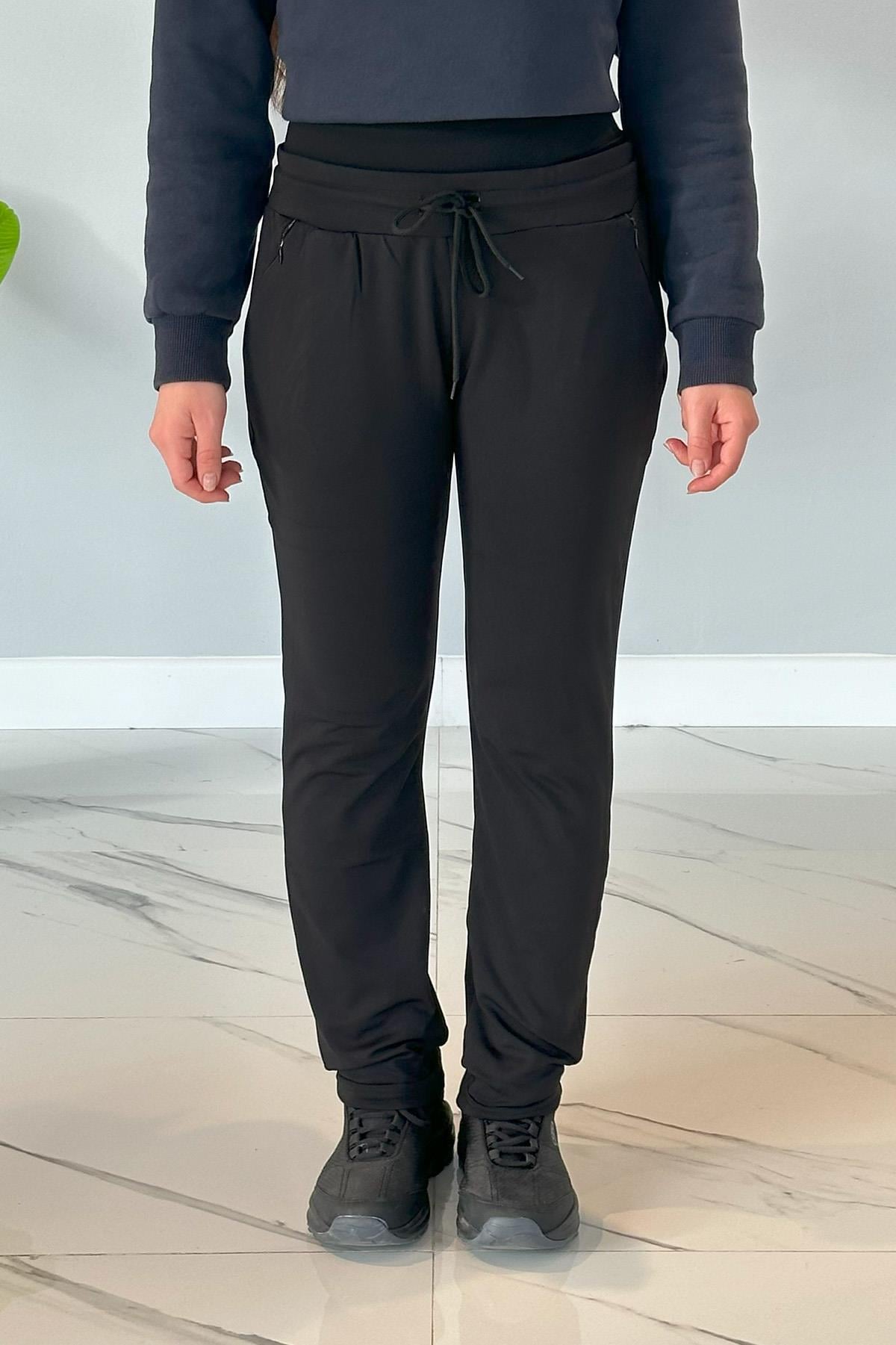 Kadın Dalgıç Kumaş Pantolon Görünümlü Eşofman Altı 1402 Siyah