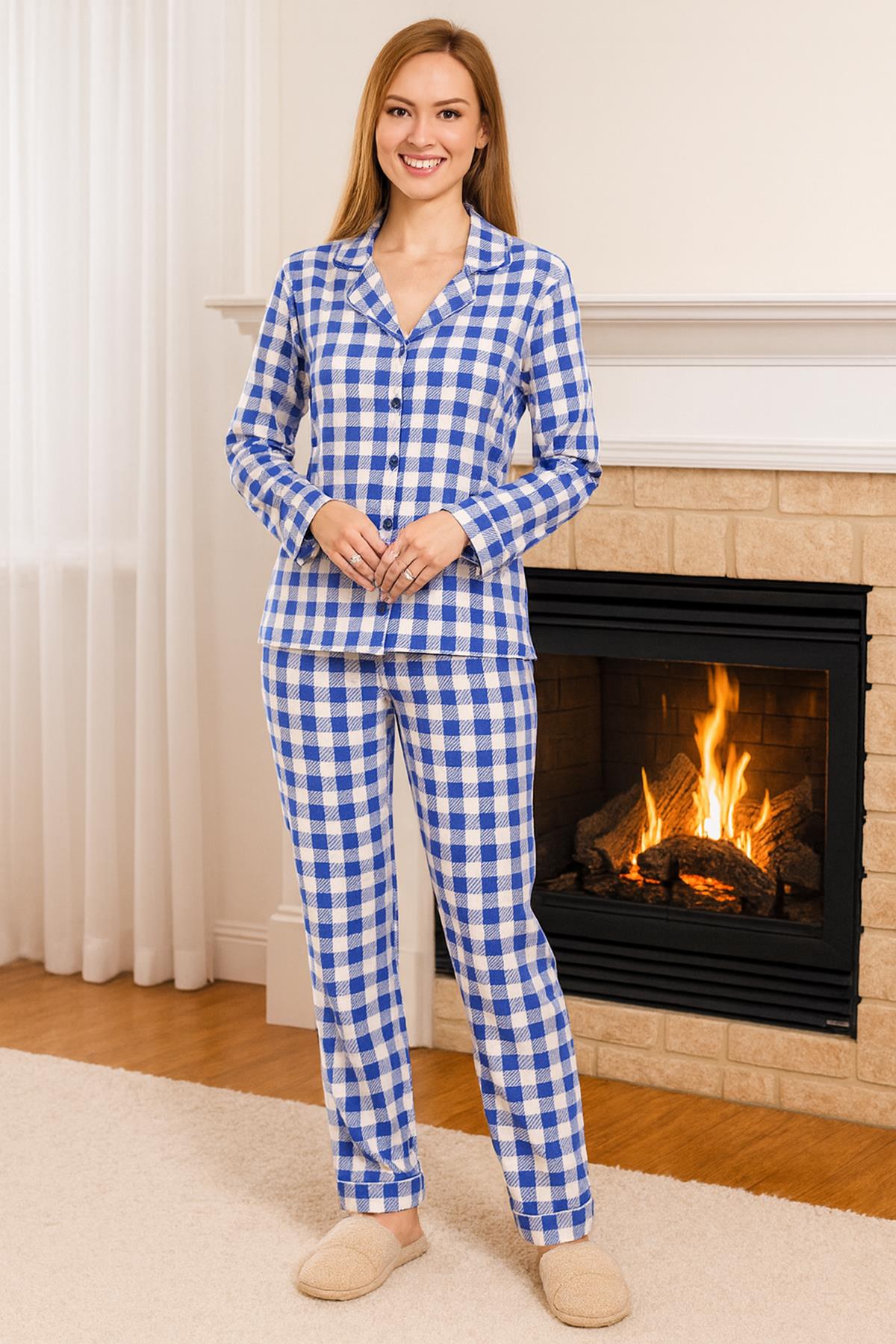 Kadın Ekose Desen Suprem Önü Düğmeli Pijama Takımı 0470 Mavi03