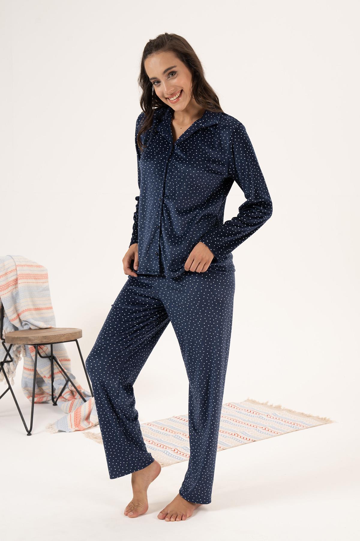 Kadın Kadife Önü Düğmeli Pijama Takımı 24364 Lacivert