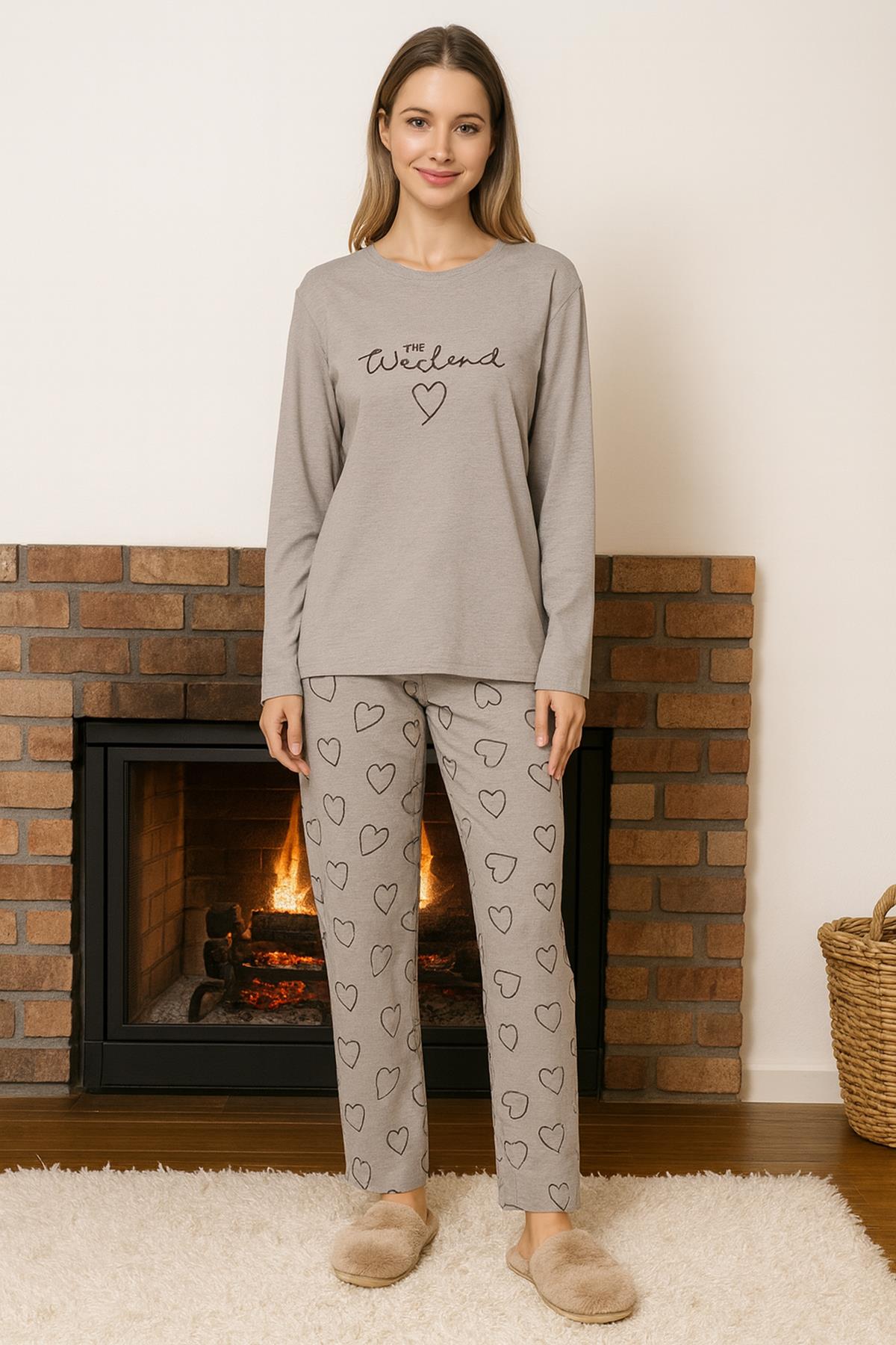 Kadın Kalp Desen Suprem Pijama Takımı 0351 Açık Vizon