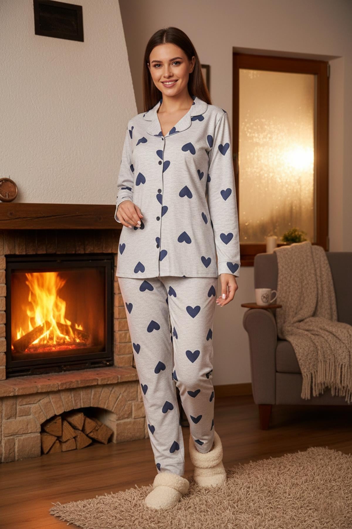 Kadın Kalp Desen Suprem Pijama Takımı 0514 Mavi05
