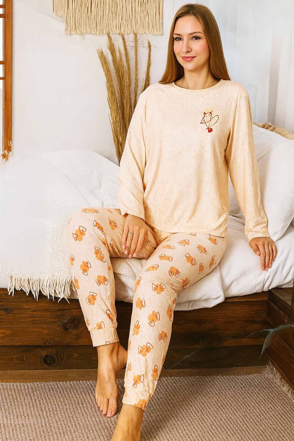 Kadın Kalp Desen Yumuşak Doku Marla Pijama Takımı 0488 Somon