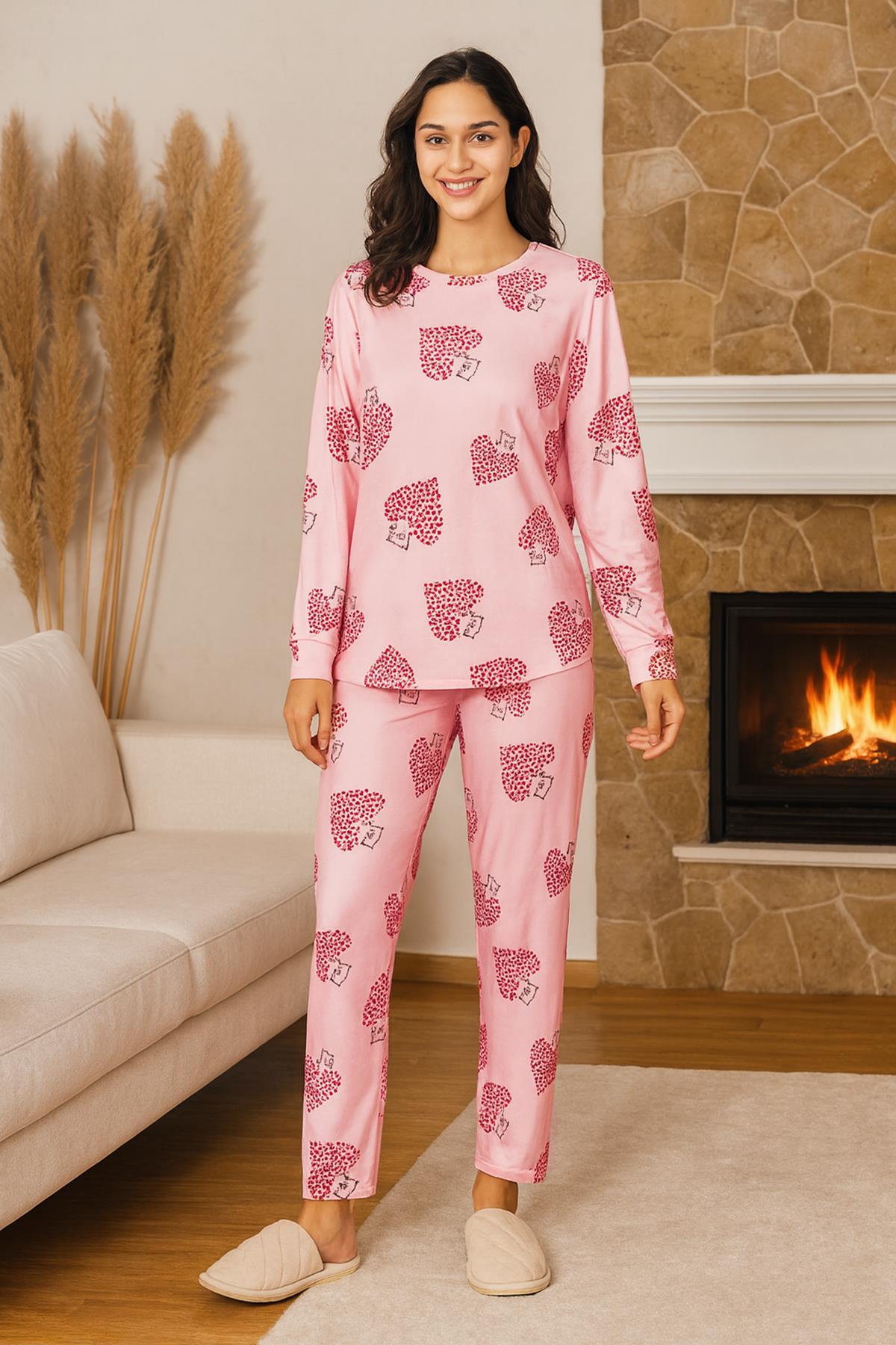 Kadın Kalp Desenli Comfort Pijama Takımı 0509 Pembe