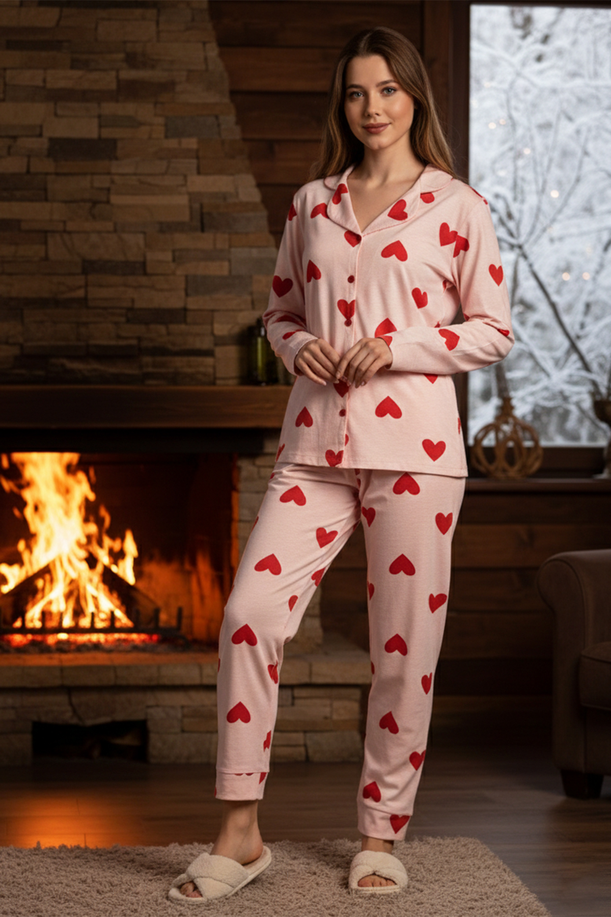 Kadın Kalp Desenli Suprem Pijama Takımı 0323 Pembe13