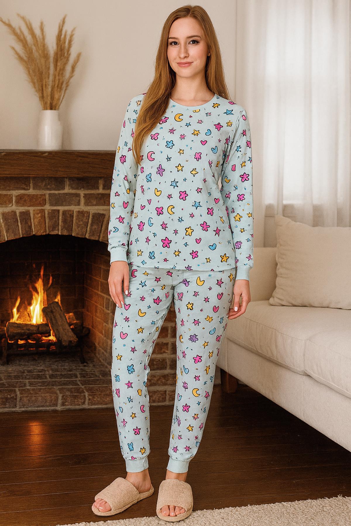 Kadın Kelebek Desen Comfort Pijama Takımı 0501 Buz Mavi