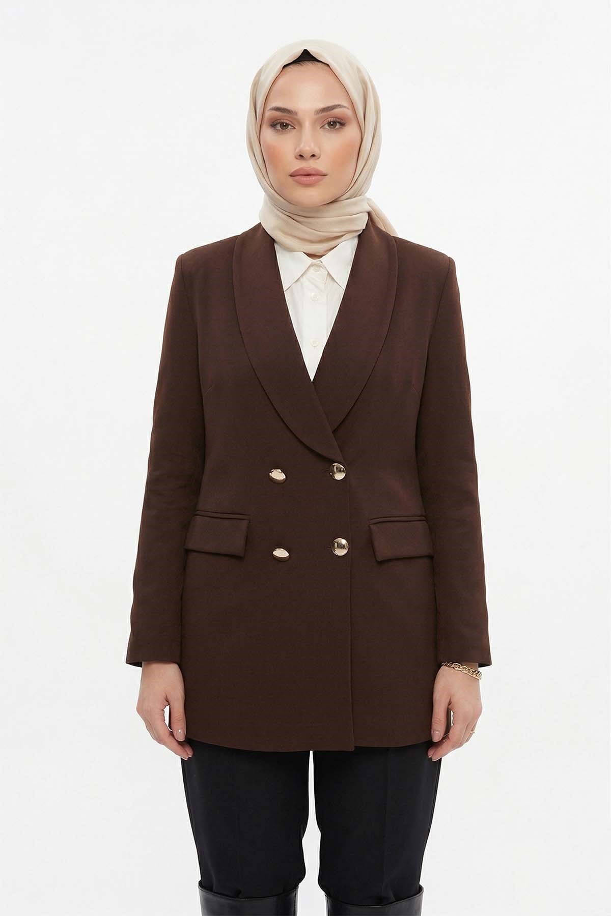 Kadın Leopar Astar Detay Blazer Ceket 01 Kahverengi