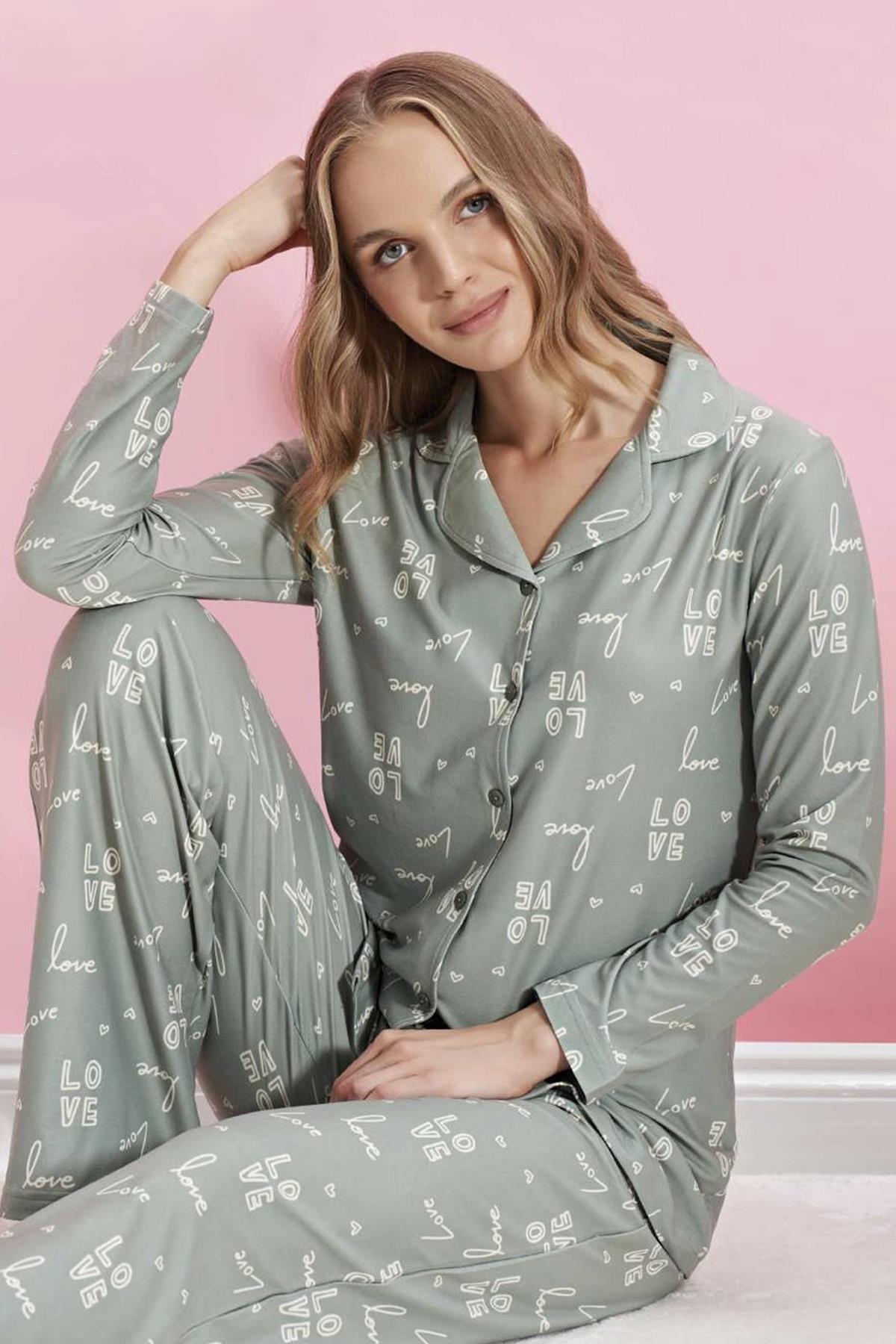 Kadın Önden Düğmeli Pijama Takımı 1486 Yeşil