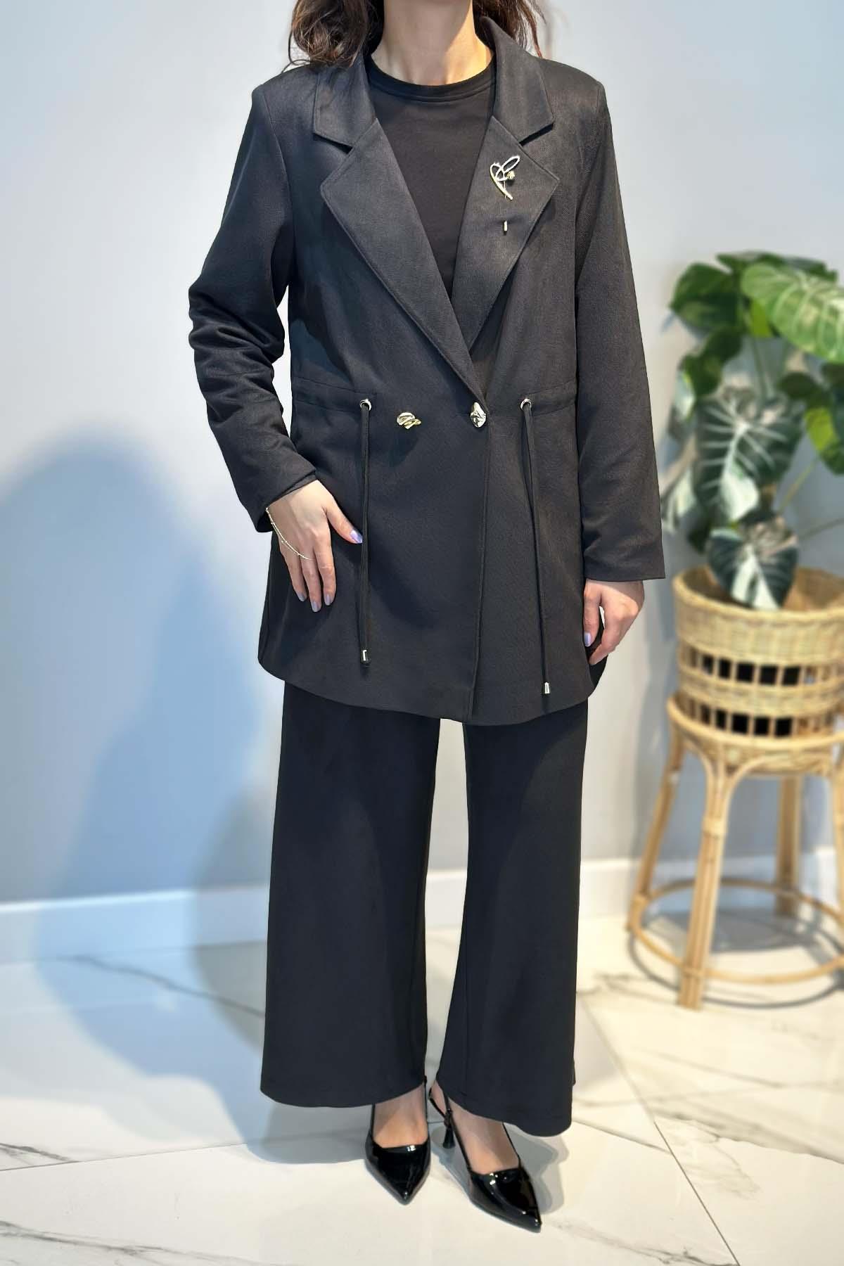 Kadın Örme Cupra Blazer Ceket Pantolon Takım 7372 Siyah