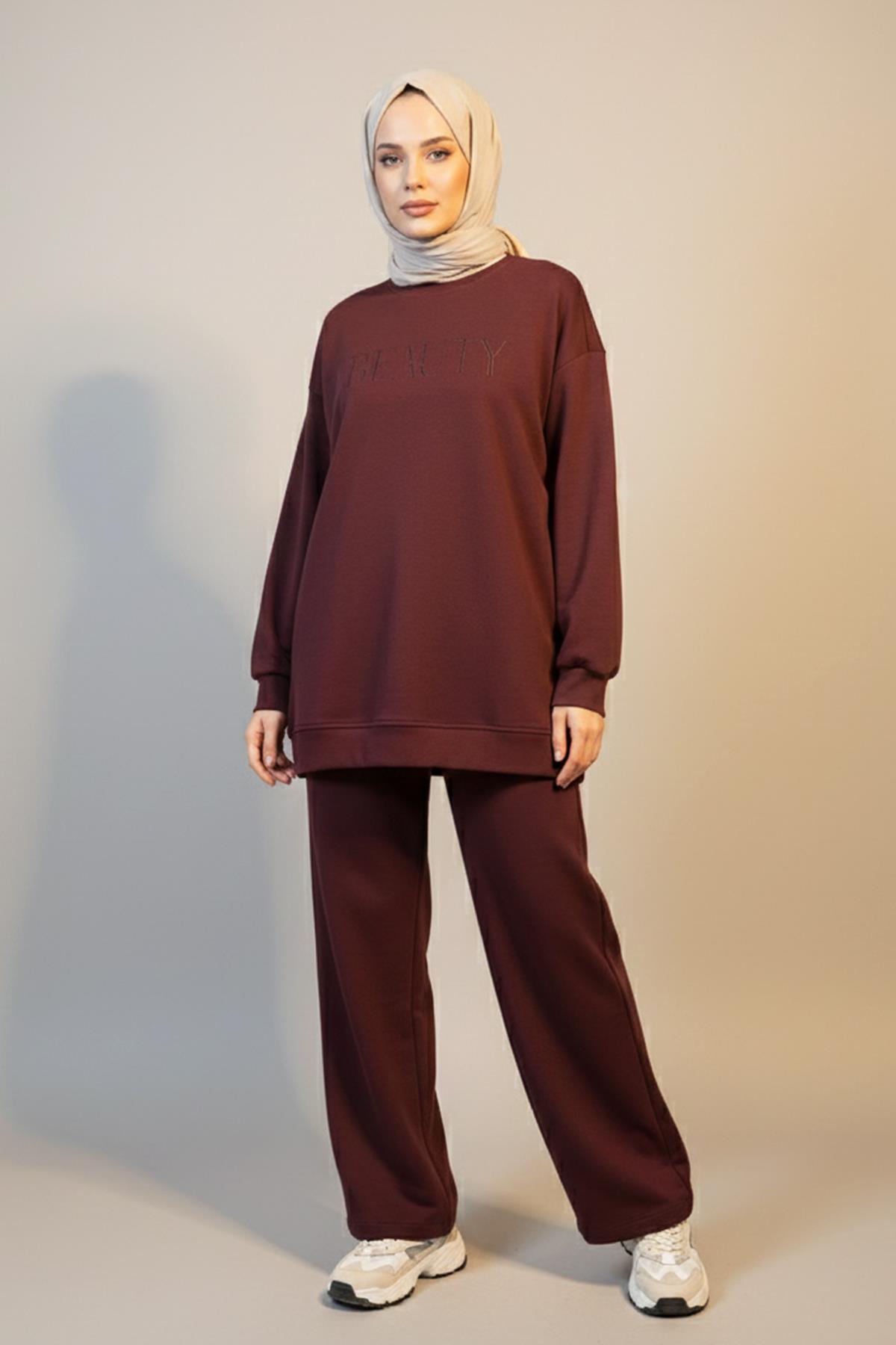 Kadın Pamuklu Tunik Pantolon Yazı Detay Basic Takım 35790 Bordo