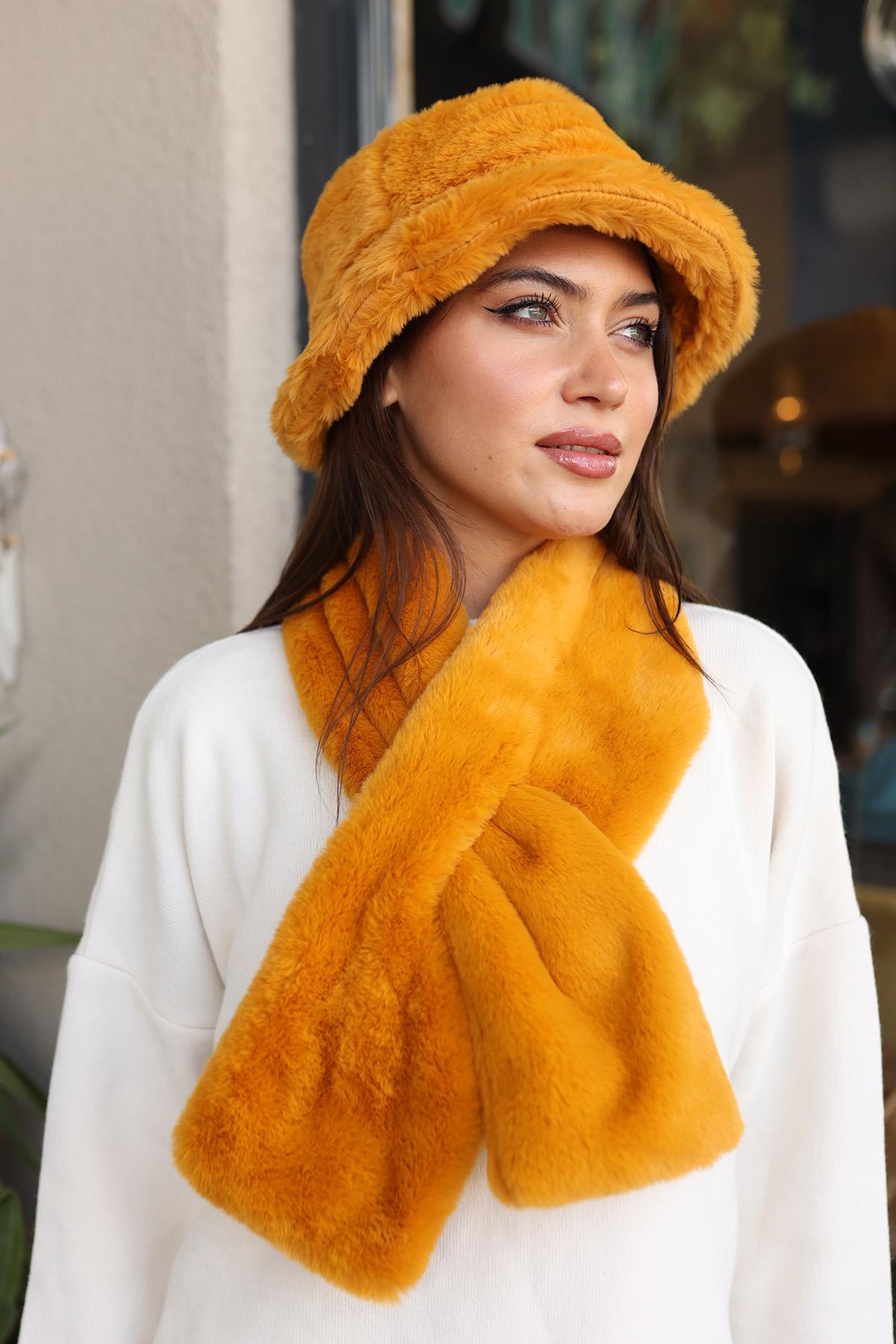 Kadın Peluş Kaşkol Boyunluk Atkı RKB-01 Hardal