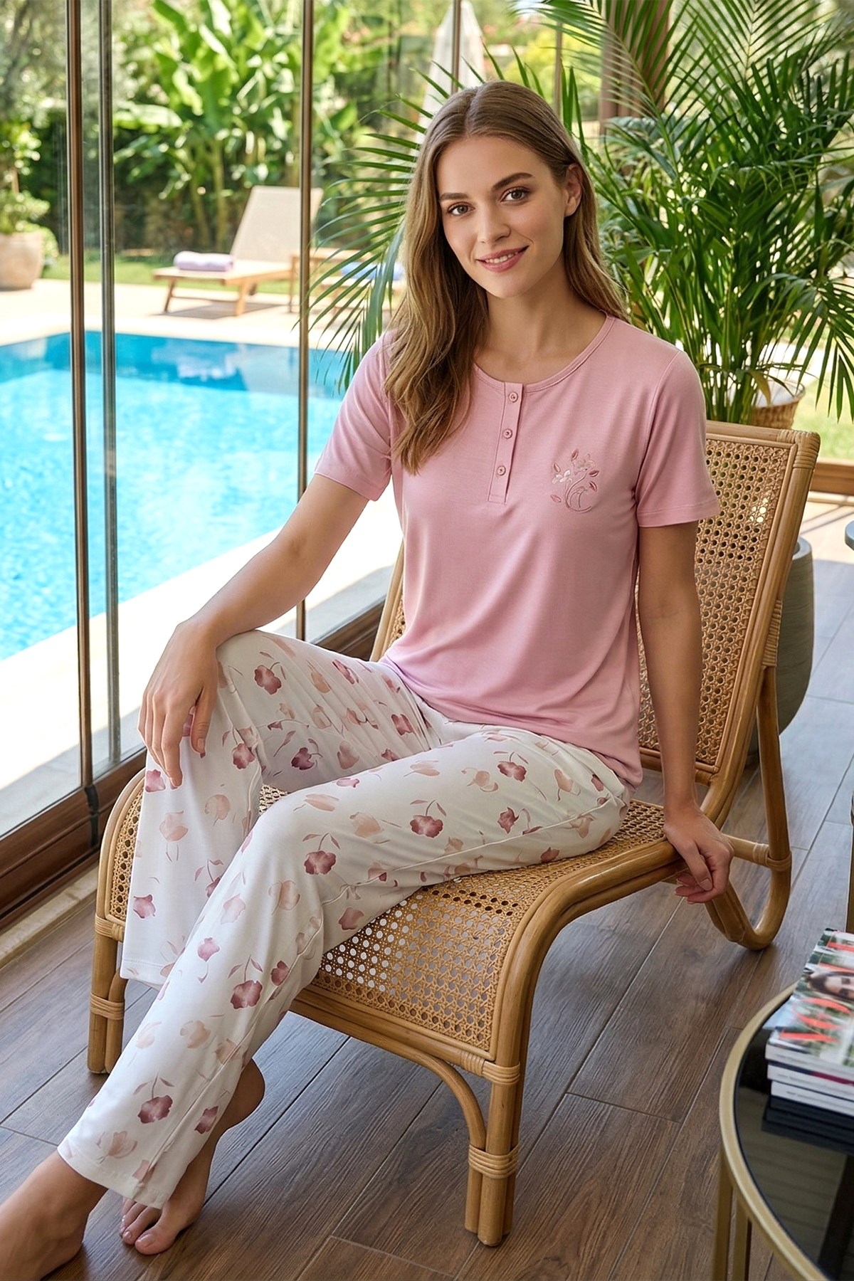 Kadın Penye Kısa Kol Pijama Takımı 3339 Pembe