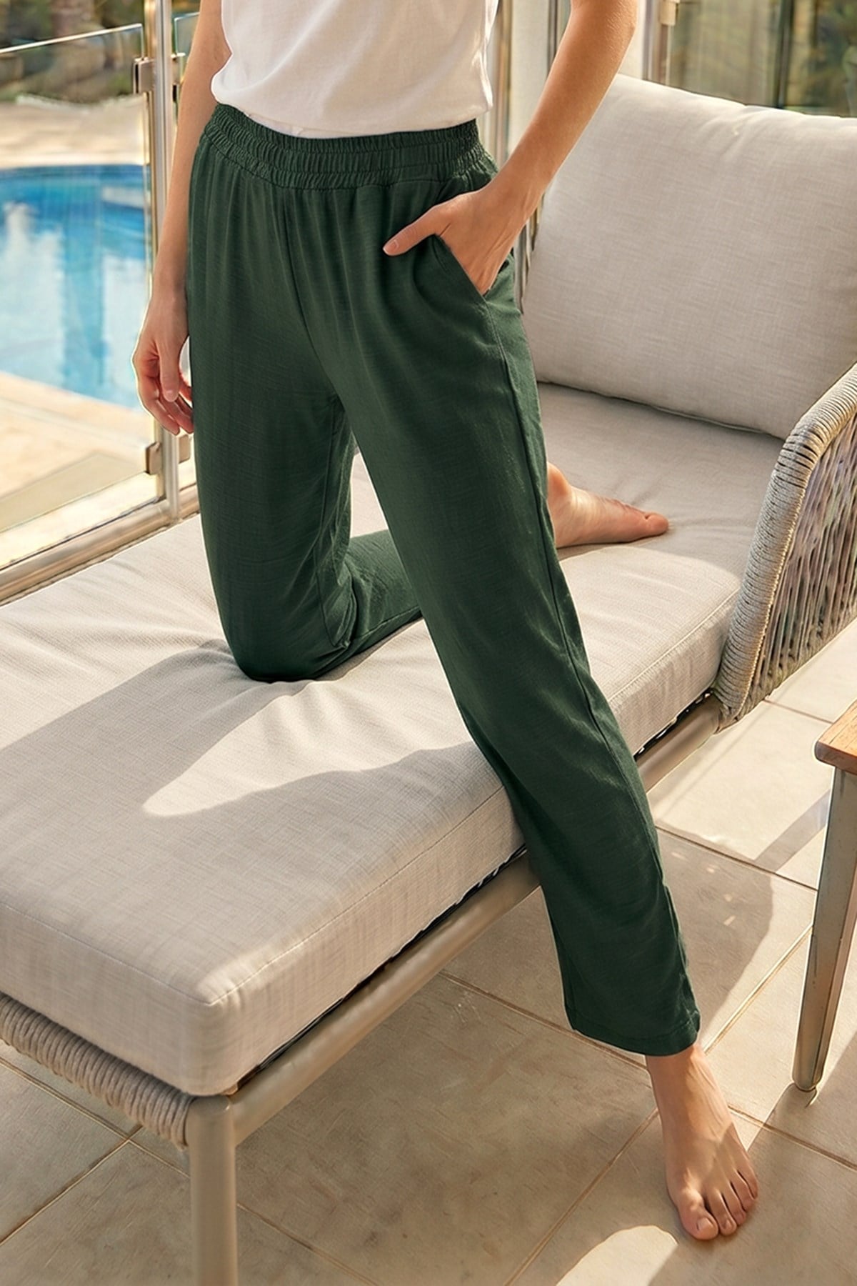 Kadın Penye Kumaş Pamuklu Tek Pijama Alt 11 Zümrüt Yeşil