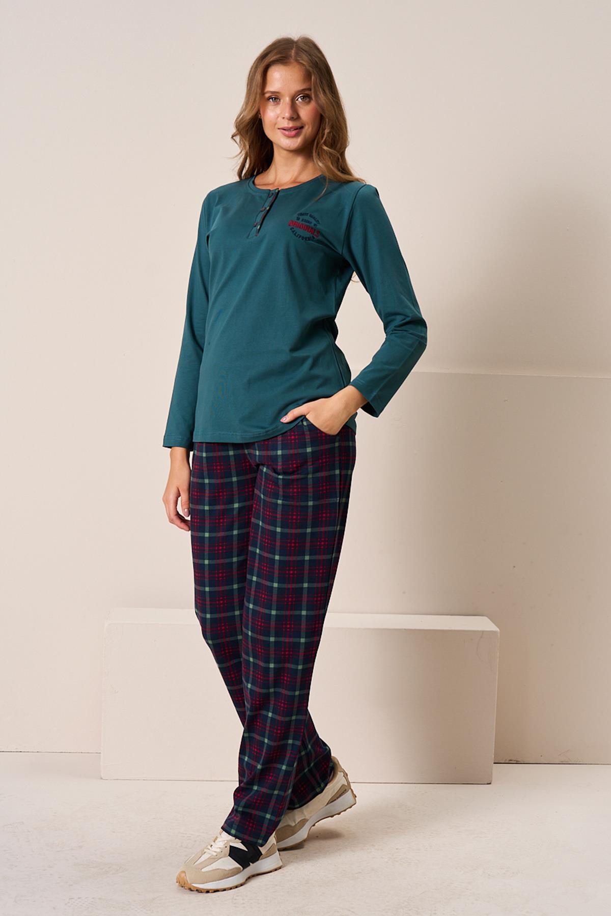 Kadın Penye Uzun Kol Pijama Takımı 3196 Zümrüt01