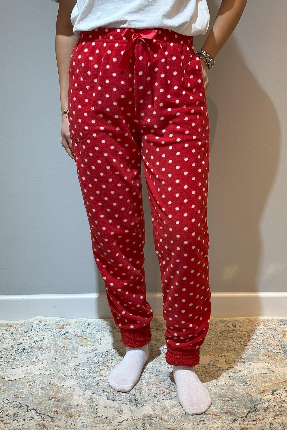 Kadın Polar Manşetli Pijama Tek Alt Puantiye 130 Kırmızı