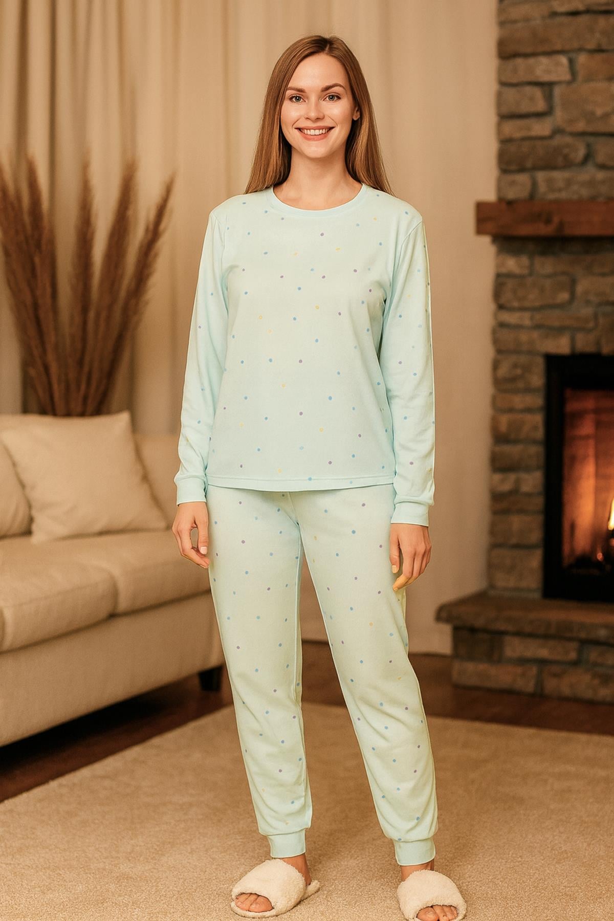 Kadın Puantiye Desen Comfort Pijama Takımı 0499 Mint