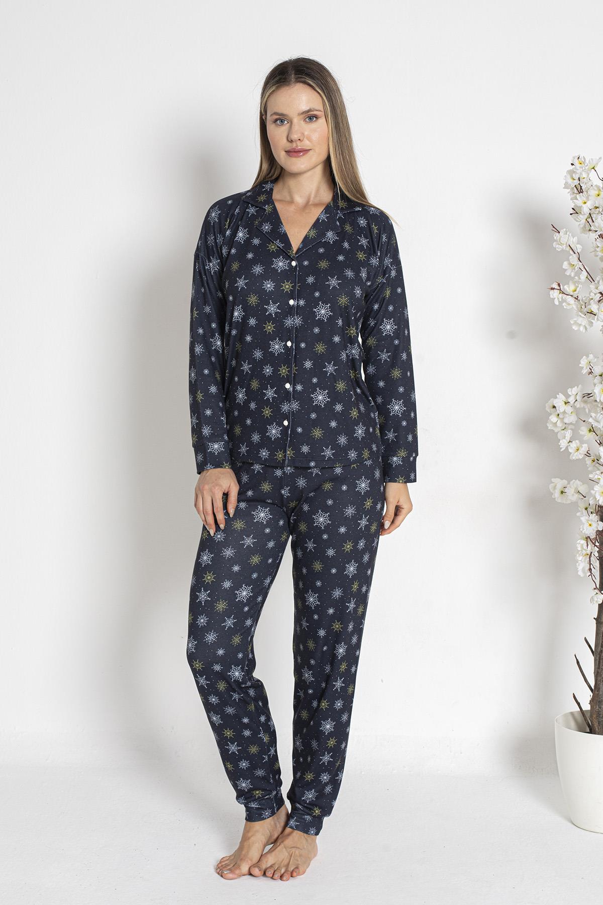 Kadın Termal Önü Düğmeli Pijama Takımı 24493 Lacivert