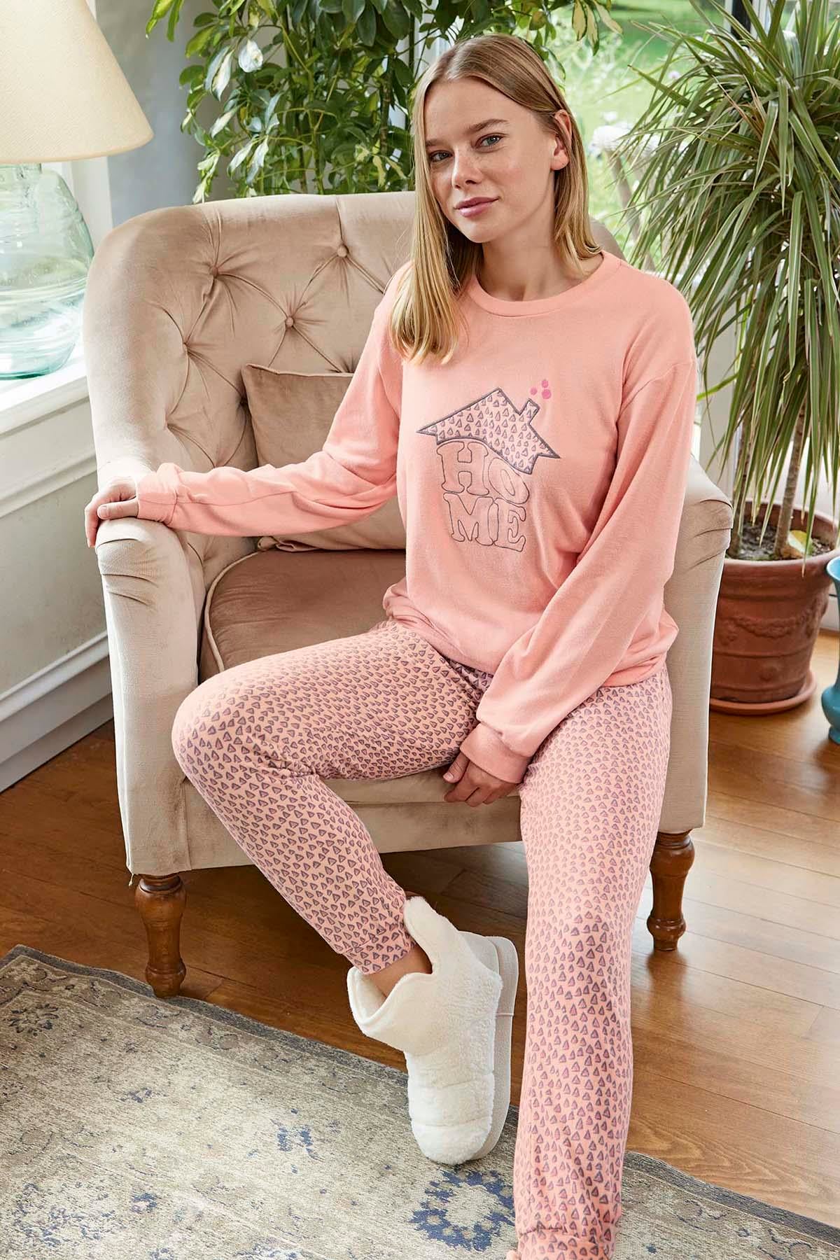 Kadın Termal Uzun Kol Pijama Takımı 30020 Pudra