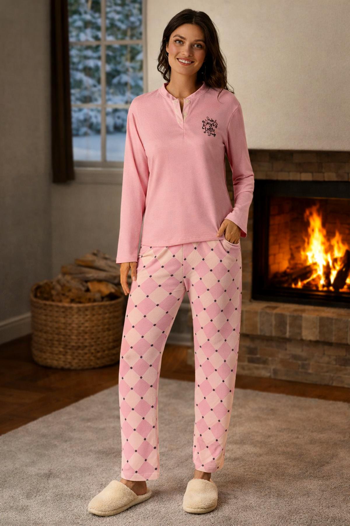 Kadın Termal Uzun Kol Pijama Takımı 4763 Pembe
