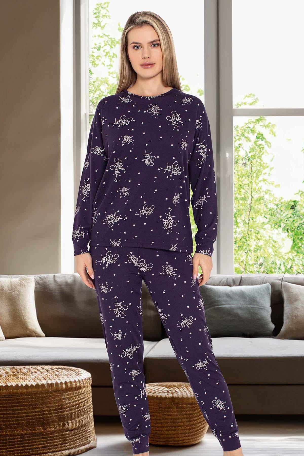 Kadın Yıldız Desen Uzun Kol Pijama Takımı 240966 Mor
