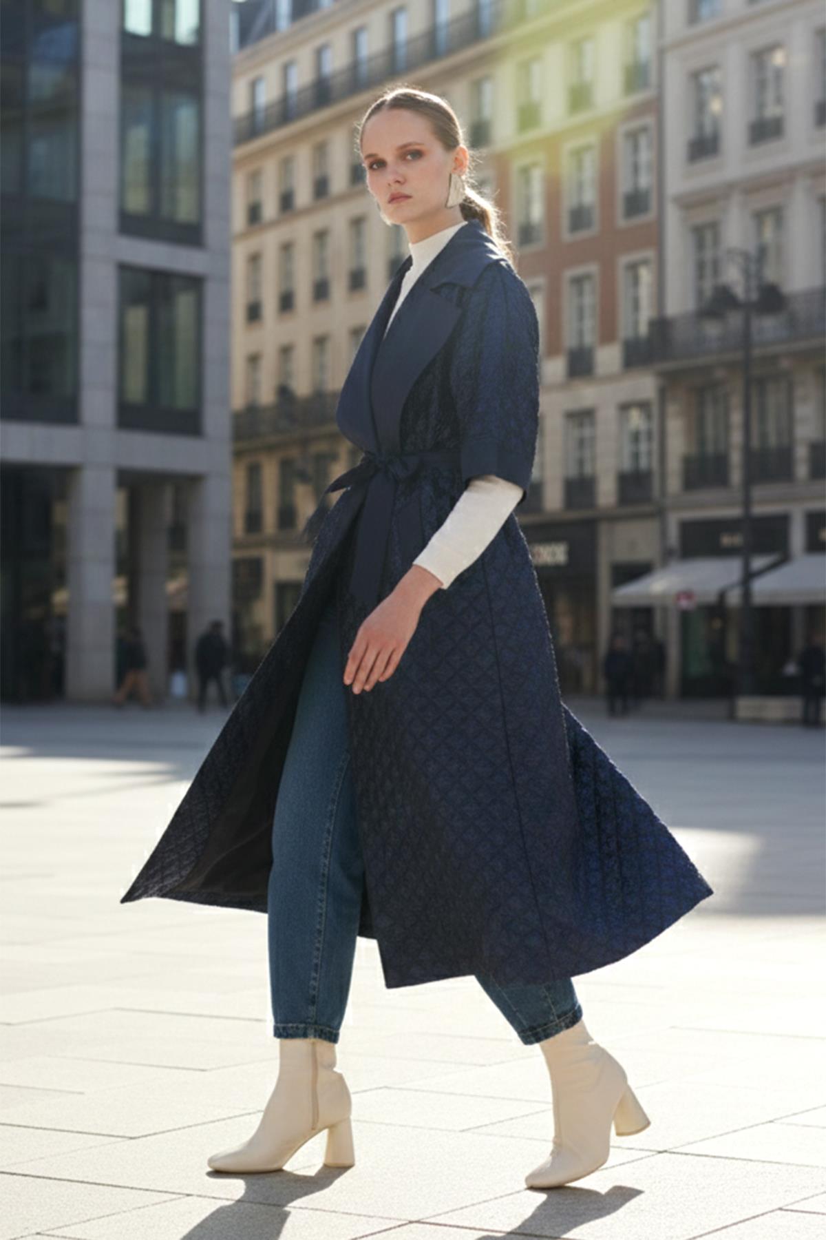 Kemer ve Çıkartılabilir Örme Kol Detay Kap Ceket 6014 Lacivert