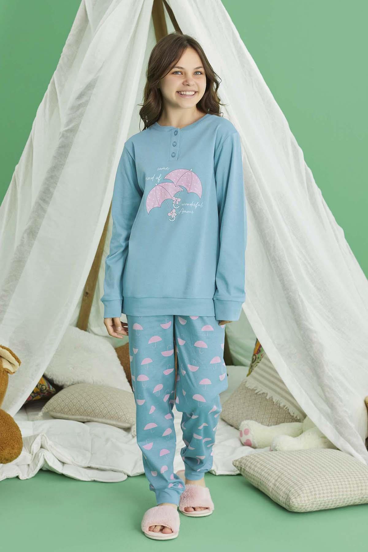 Kız Çocuk Aydoğan Pamuklu Pijama Takımı 240723 Mavi