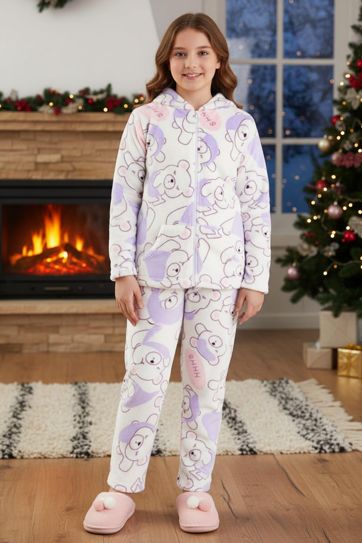Kız Çocuk Kadife Polar Ayıcık Desen Pijama Takımı 240525 Ekru02