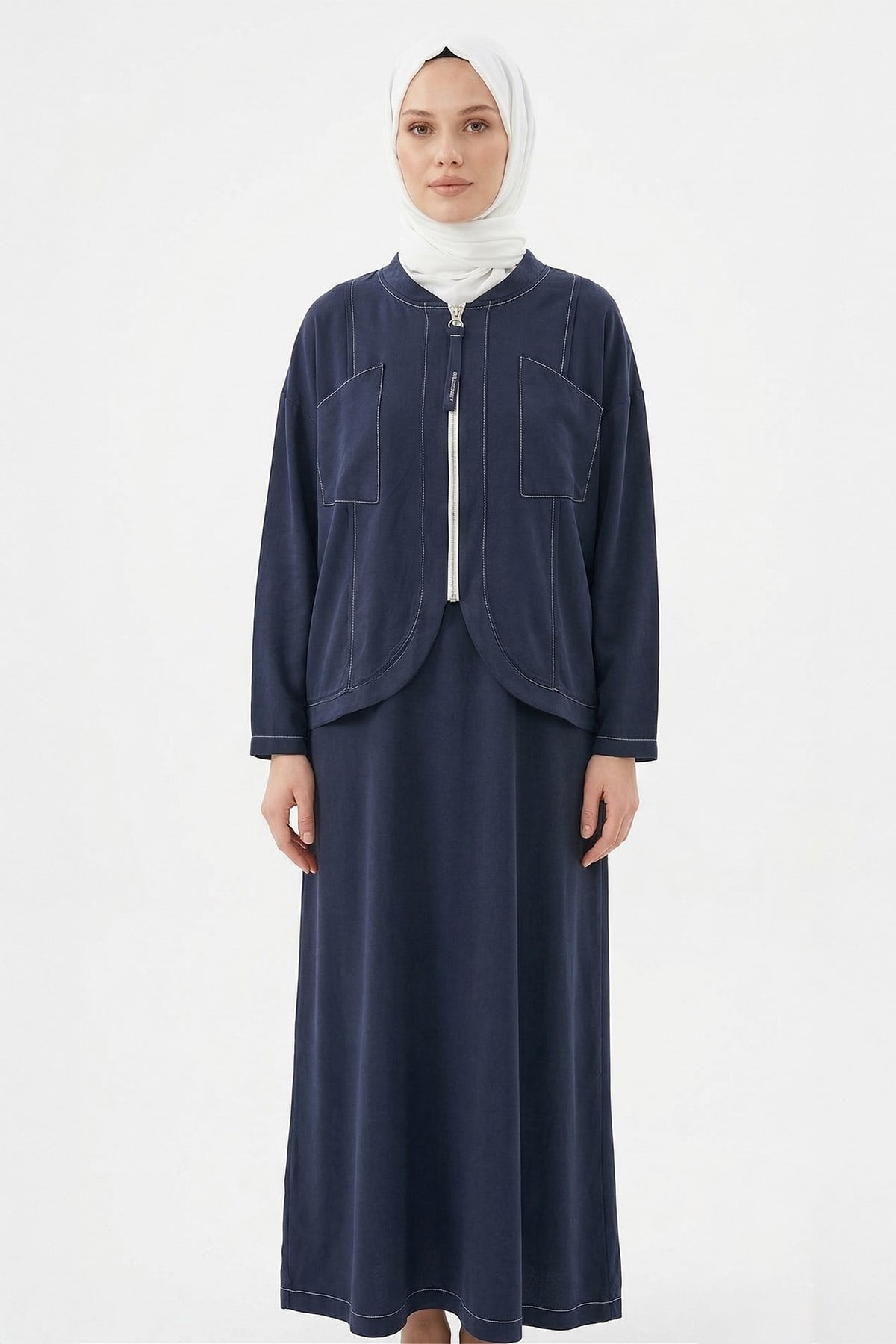 Kolsuz Elbiseli Bolerolu Lyocell Takım 978 Lacivert