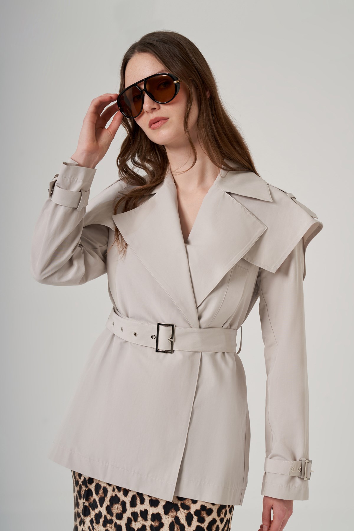 Kuşak Detaylı Kap Ceket 6042 Taş
