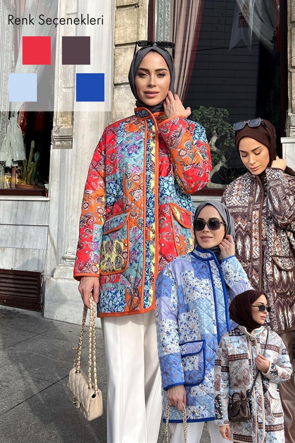 Lale Butik Etnik Desen Kapitone Ceket 9009 4 renk seçeneğiyle