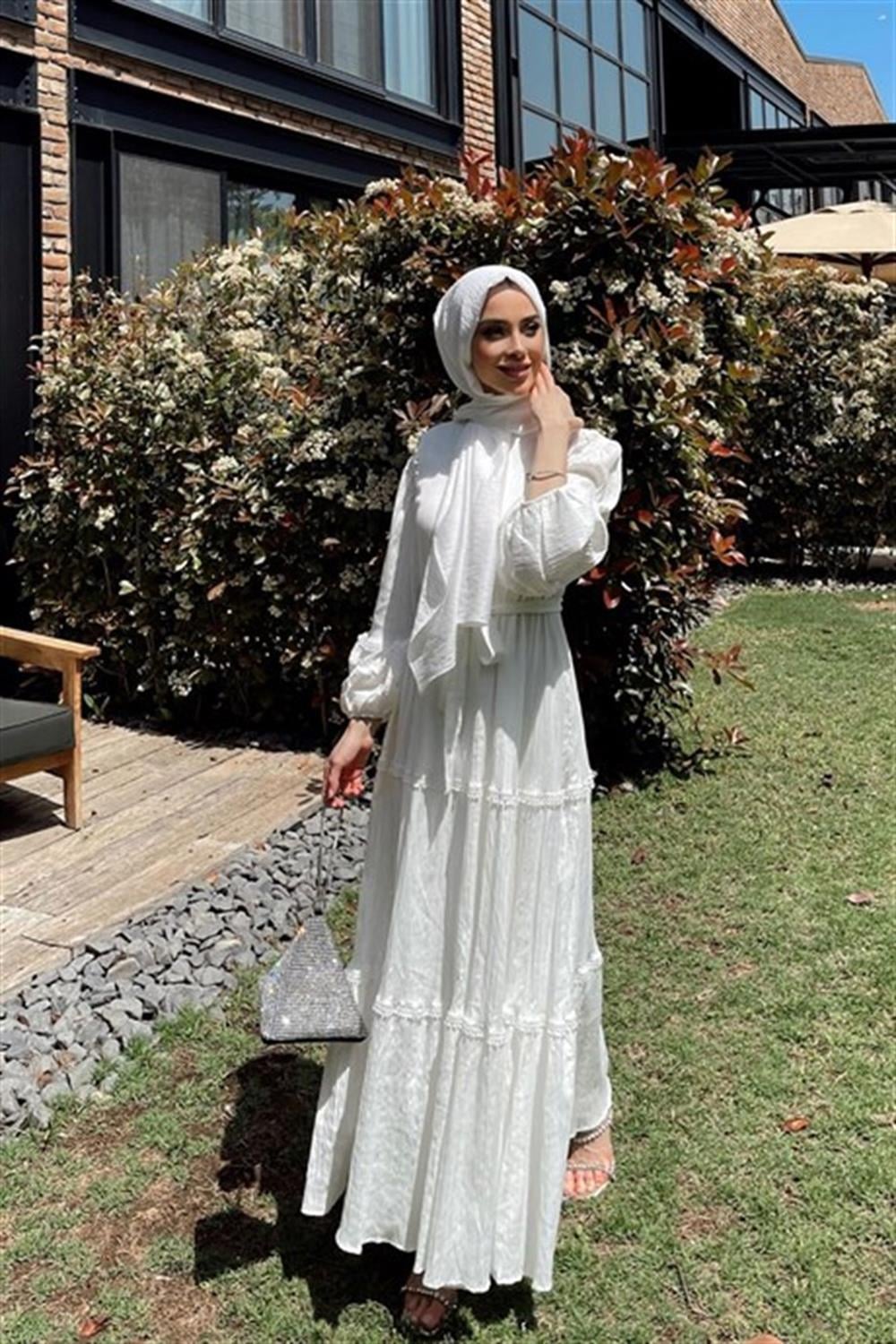Lale Butik Pamuklu Fisto Detaylı Elbise 3409 Beyaz