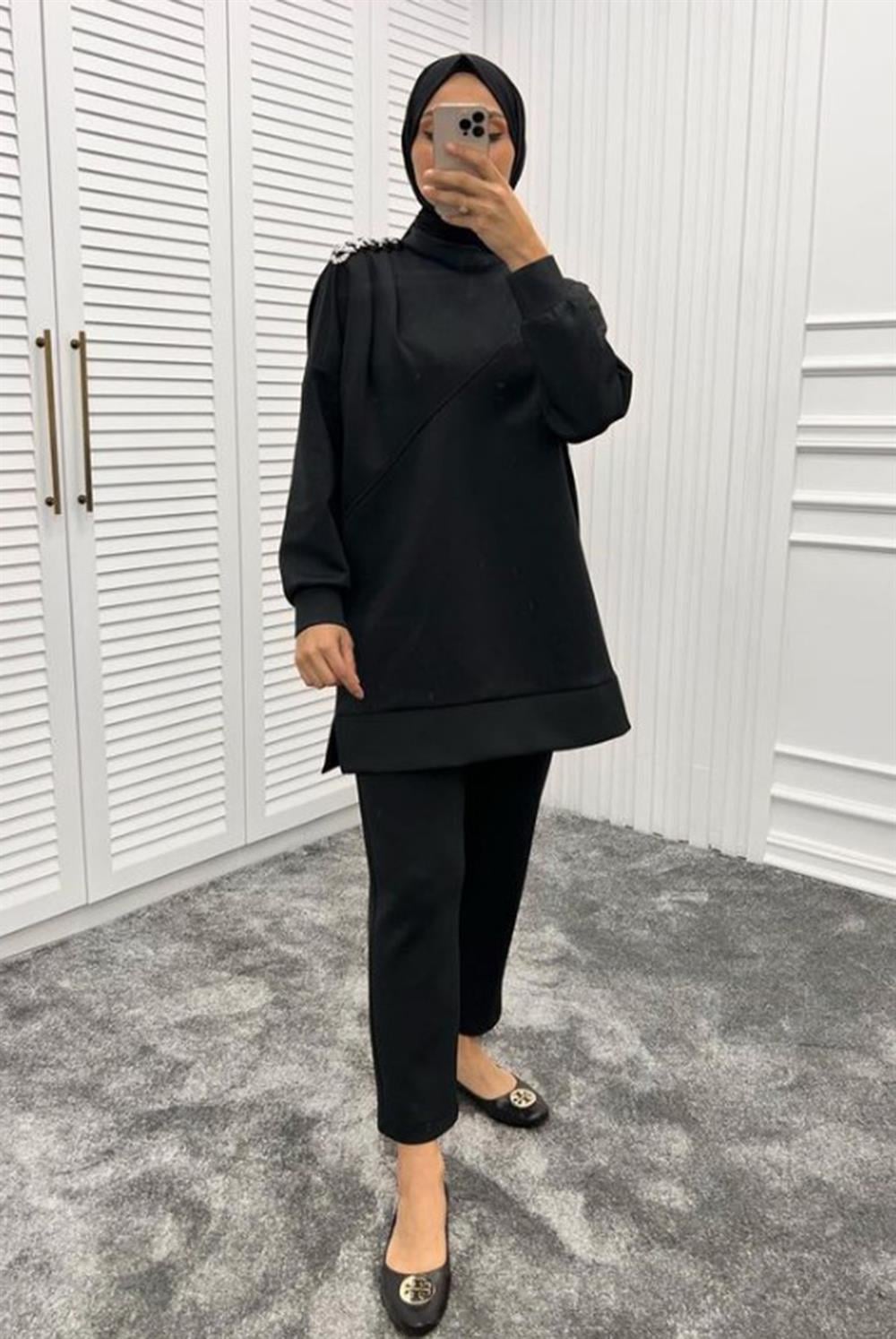 Lale Butik Scuba Pantalonlu Zincir Detaylı Takım Siyah