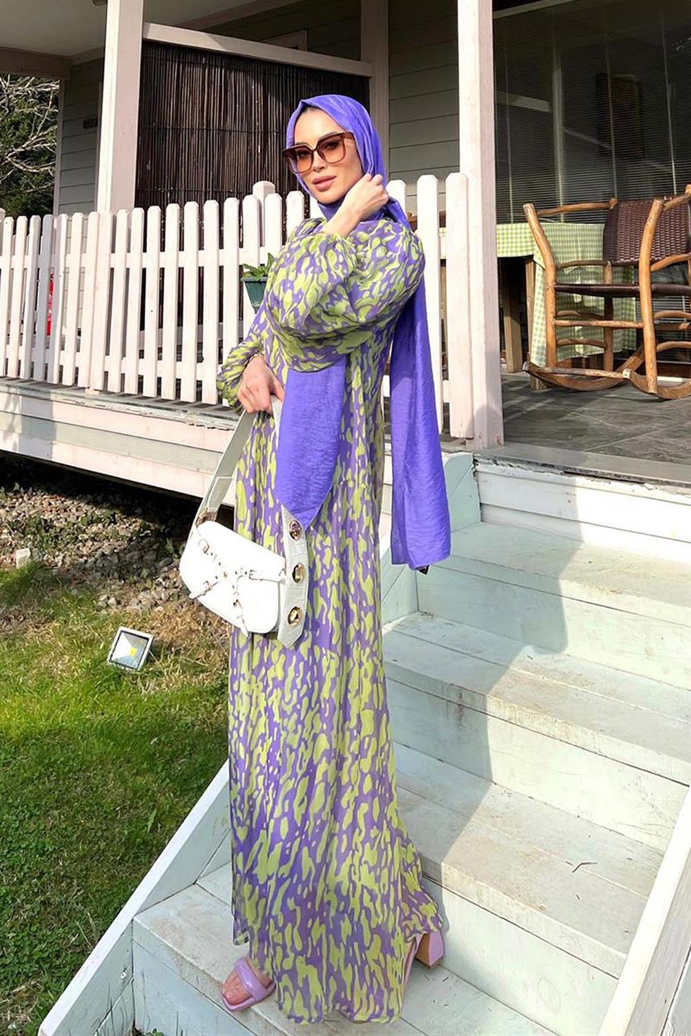 Lale Butik Şık Şifon Desenli Elbise 8022 Mor