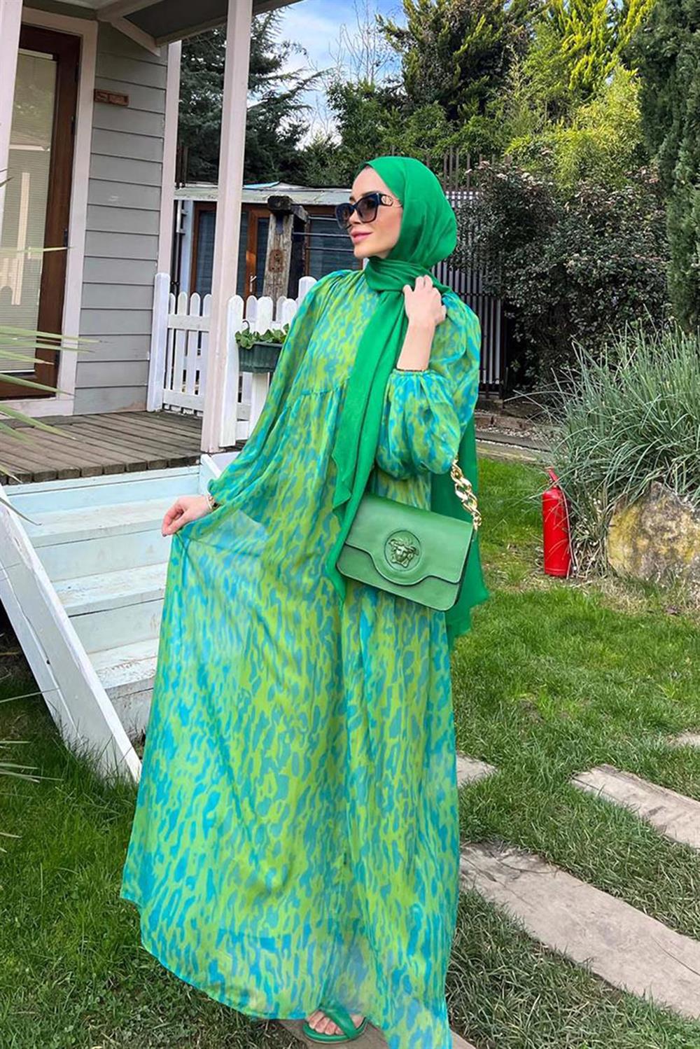 Lale Butik Şık Şifon Desenli Elbise 8022 Yeşil
